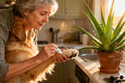 Femme de 50 ans appliquant délicatement une pommade sur l'oreille d'un golden retriever dans une cuisine baignée de lumière dorée