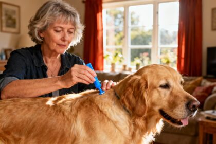 Femme de 55 ans appliquant soigneusement un traitement antipuces à son golden retriever avec une pipette bleue