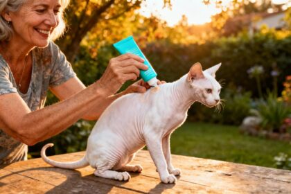 Femme souriante appliquant soigneusement de la crème solaire turquoise sur un chat sphinx blanc au soleil