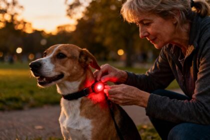 Femme de 55 ans attachant une lumière LED rouge vif au collier de son chien dans un parc en soirée