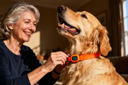 Femme souriante attachant un tracker d'activité orange vif au collier de son golden retriever dans un intérieur chaleureux