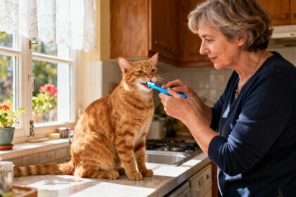 Femme de 55 ans brossant les dents d'un chat roux avec une brosse à dents bleue sur un plan de travail de cuisine