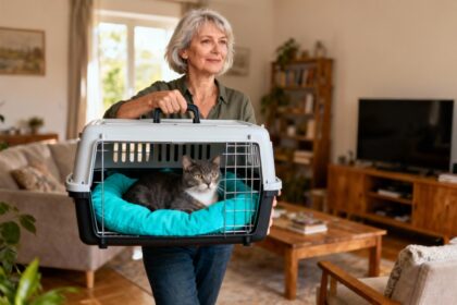 Femme de 55 ans portant une cage de transport moderne pour chat avec un coussin turquoise à l'intérieur