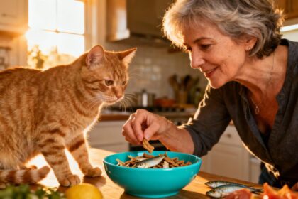 Femme souriante offrant une friandise au poisson à son chat tabby dans une cuisine ensoleillée
