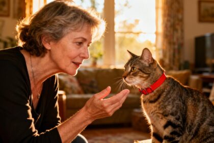 Femme de 55 ans et chat avec collier rouge imitant un comportement humain dans un intérieur lumineux