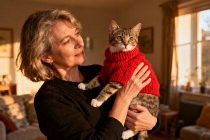 Femme européenne de 50 ans tenant un petit chat portant un pull rouge tricoté dans un intérieur chaleureux