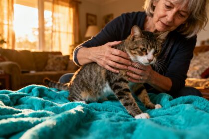Femme européenne de 55 ans réconfortant un chat stressé enroulé dans une couverture turquoise, dans un intérieur chaleureux