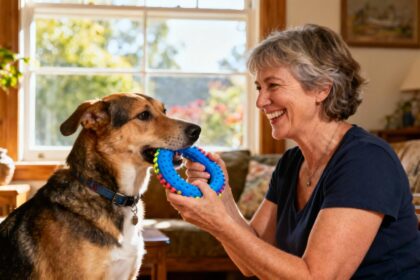 Femme souriante de 55 ans interagissant avec un chien tenant un jouet à mâcher bleu dans un intérieur lumineux