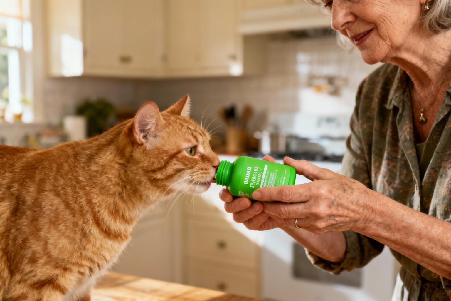 Femme de 60 ans donnant un complément alimentaire vert à un chat roux dans une cuisine lumineuse