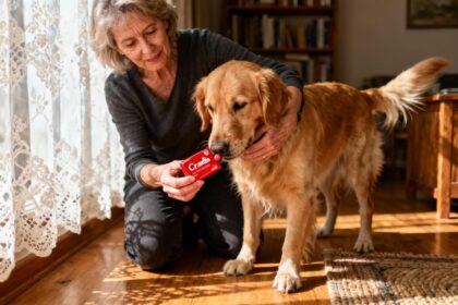 Femme de 55 ans donnant un comprimé Credelio à son golden retriever dans un intérieur chaleureux