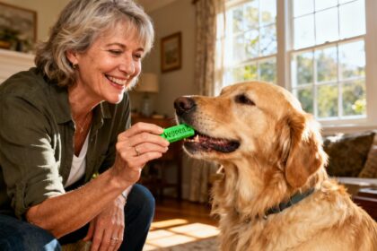 Femme souriante donnant une friandise dentaire verte à un golden retriever dans un intérieur chaleureux