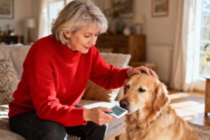 Femme de 55 ans en pull rouge donnant un comprimé Frontpro à son golden retriever dans un intérieur chaleureux