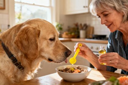 Femme de 55 ans versant de l'huile de saumon sur la nourriture de son golden retriever avec une pipette jaune