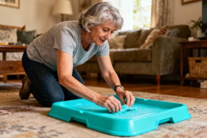 Femme d'âge mûr éduquant son chien sur un tapis de couleur turquoise dans un intérieur chaleureux