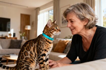 Femme de 55 ans interagissant avec un chat Savannah F5 portant un collier turquoise dans un salon moderne
