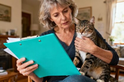 Femme de 55 ans tenant son chat tout en examinant des documents vétérinaires dans un intérieur chaleureux