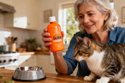 Femme de 55 ans tenant une bouteille d'huile de saumon orange vif pour chat dans une cuisine, avec bol pour chat visible