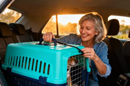 Femme souriante installant une caisse de transport turquoise pour chien dans une voiture durant l'heure dorée