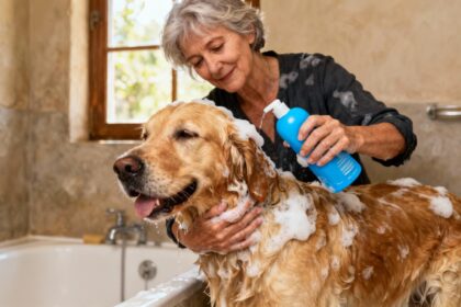 Femme d'âge mûr lavant un golden retriever avec un shampoing bleu dans une salle de bain, mousse abondante