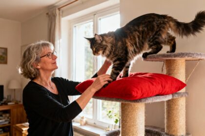 Femme de 55 ans interagissant avec un maine coon géant sur un grand arbre à chat avec coussin rouge