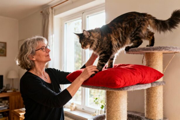 Femme de 55 ans interagissant avec un maine coon géant sur un grand arbre à chat avec coussin rouge
