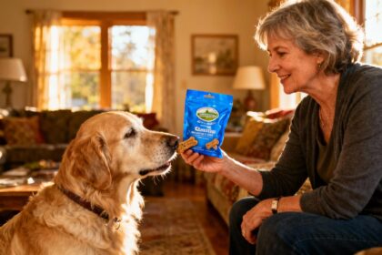 Femme de 55 ans offre une friandise saine à un golden retriever âgé dans un intérieur chaleureux