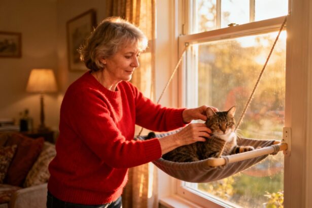 Une femme de 55 ans en pull rouge place délicatement son chat dans un hamac accroché à une fenêtre