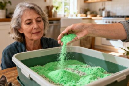 Femme de 55 ans saupoudrant une poudre verte naturelle dans la litière de son chat