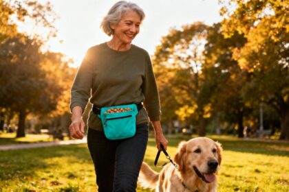 Femme souriante promenant son golden retriever dans un parc, avec une pochette teal pour friandises accrochée à sa taille