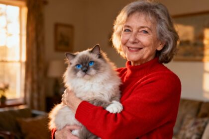 Femme âgée souriante en pull rouge tenant un chat persan blanc aux yeux bleus dans un intérieur chaleureux