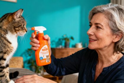 Femme de 55 ans tenant délicatement un spray orange pour chats sur fond turquoise
