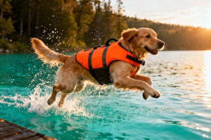Golden retriever portant un gilet de sauvetage orange saute dans l'eau turquoise d'un lac, éclaboussures et lumière dorée