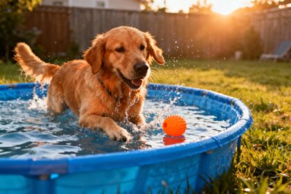Golden retriever s'éclaboussant dans une piscine bleue avec un jouet orange flottant sous la lumière dorée du coucher de soleil