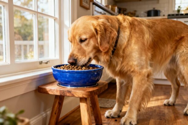 Golden retriever brun mangeant dans une gamelle bleue vibrante sur un support en bois dans une cuisine