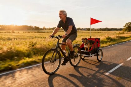 Homme européen de 55 ans pédalant sur une route de campagne avec une remorque rouge pour chien attachée à son vélo