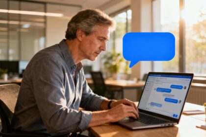 Homme d'affaires européen de 45 ans utilisant un chat d'entreprise sur ordinateur portable dans un bureau moderne