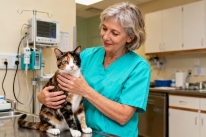 Vétérinaire de 55 ans en blouse turquoise tenant délicatement un chat calico dans une clinique vétérinaire