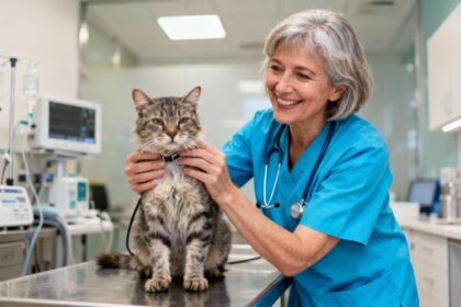 Vétérinaire en bleu examinant un chat âgé dans une clinique moderne avec équipement médical visible