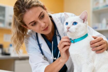 Vétérinaire européenne examinant un chat blanc aux yeux bleus portant un collier turquoise dans une clinique