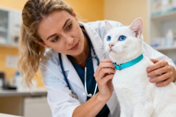 Vétérinaire européenne examinant un chat blanc aux yeux bleus portant un collier turquoise dans une clinique