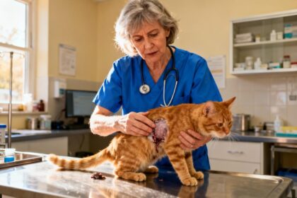 Vétérinaire en bleu examinant un chat roux avec diarrhé sur table de consultation en clinique