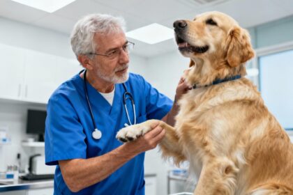 Vétérinaire en bleu examinant un golden retriever dans une clinique moderne, moment authentique de soin