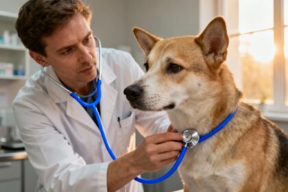 Vétérinaire européen examinant un chien malade avec un stéthoscope bleu dans une clinique moderne