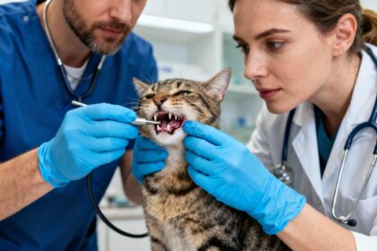 Vétérinaire européen en gants bleus examinant attentivement les dents d'un chat avec un outil dentaire dans une clinique propre