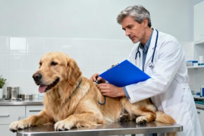 Vétérinaire européen examinant un golden retriever avec soin dans une clinique propre et lumineuse