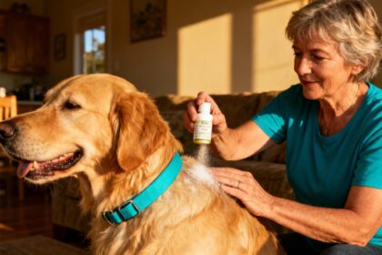 Femme de 55 ans appliquant une poudre anti-puces naturelle sur son golden retriever portant un collier turquoise