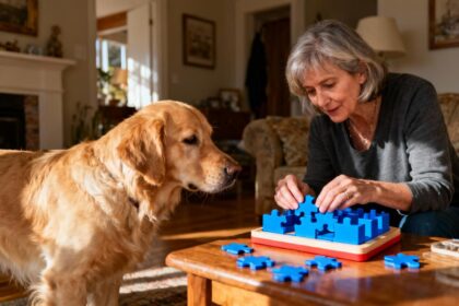 Femme de 55 ans interagissant avec un golden retriever autour d'un jouet puzzle éducatif bleu