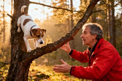 Homme en veste rouge vif appelant son chien jack russell terrier perché sur une branche basse dans une forêt