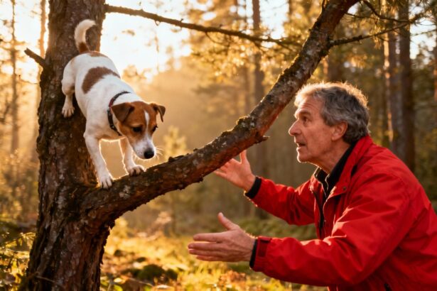 Homme en veste rouge vif appelant son chien jack russell terrier perché sur une branche basse dans une forêt