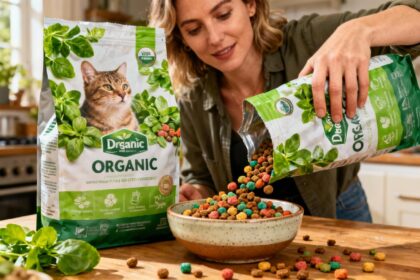 Sac de croquettes bio pour chat avec des morceaux colorés renversés et une main les versant dans un bol en céramique
